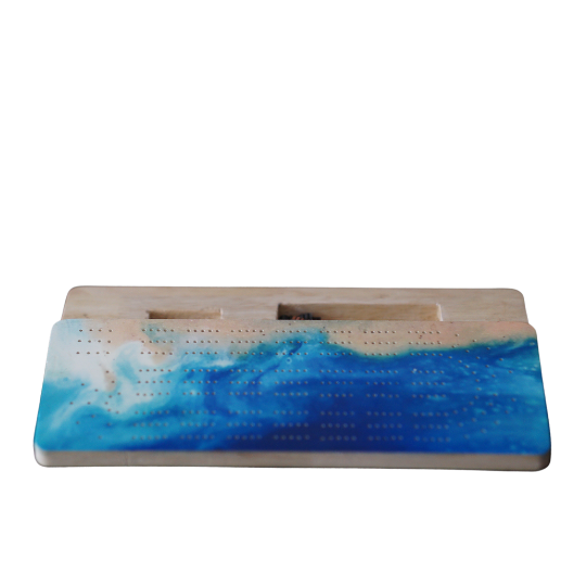 Wooden Cribbage Board 3 player - Canadian maple with Beach Wave Theme with Wooden Pegs