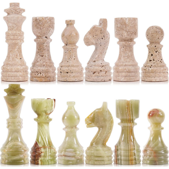 Marble Chess Pieces Travertine and Green 3.5 Inch