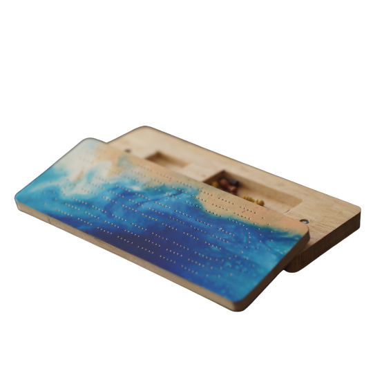Wooden Cribbage Board 3 player - Canadian maple with Beach Wave Theme with Wooden Pegs