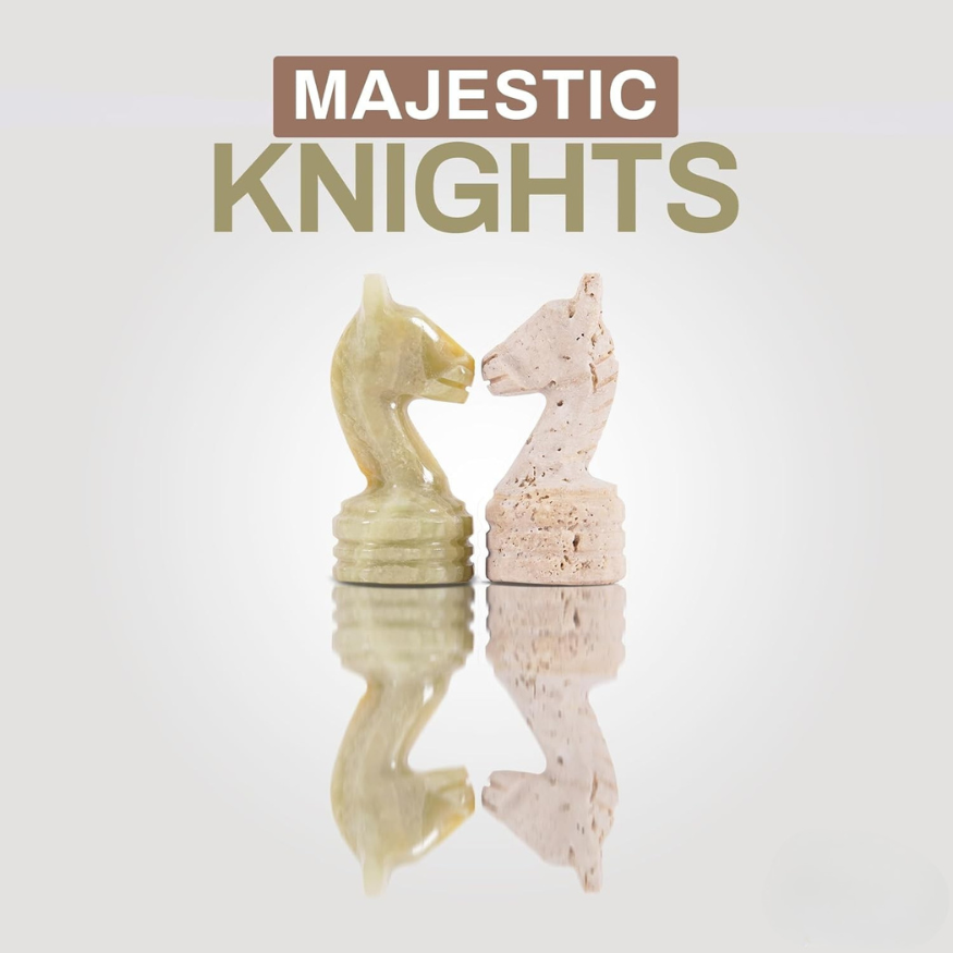 Marble Chess Pieces Travertine and Green 3.5 Inch