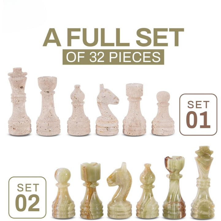 Marble Chess Pieces Travertine and Green 3.5 Inch