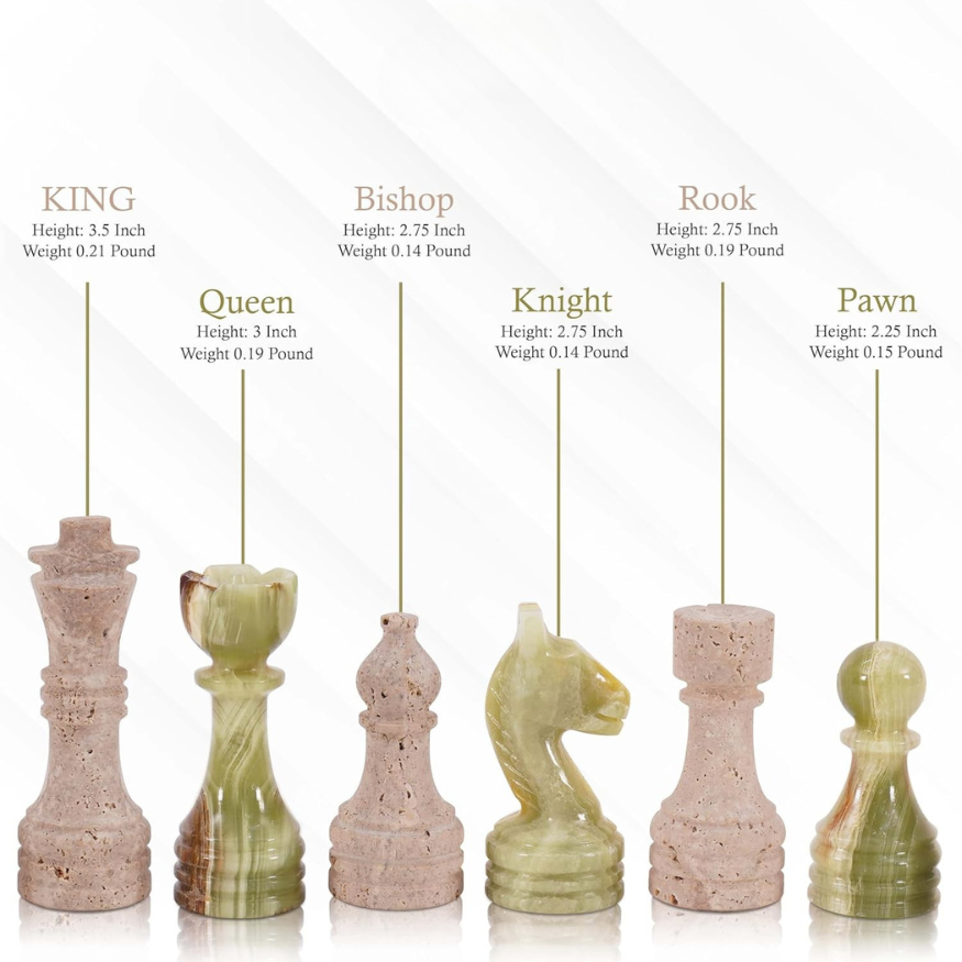 Marble Chess Pieces Travertine and Green 3.5 Inch