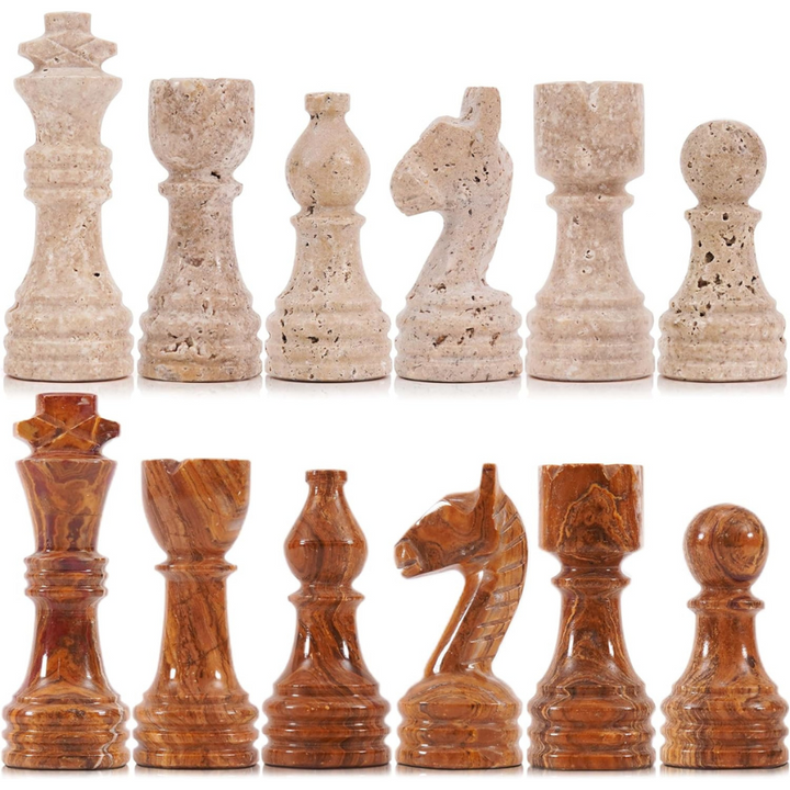 Marble Chess Pieces Travertine and Brown 3.5 Inch