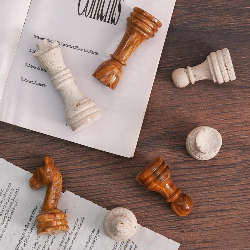Marble Chess Pieces Travertine and Brown 3.5 Inch