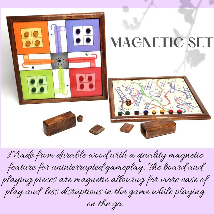 Wooden Classic 2 in 1 Magnetic Ludo Snakes and Ladders Set Travel Board