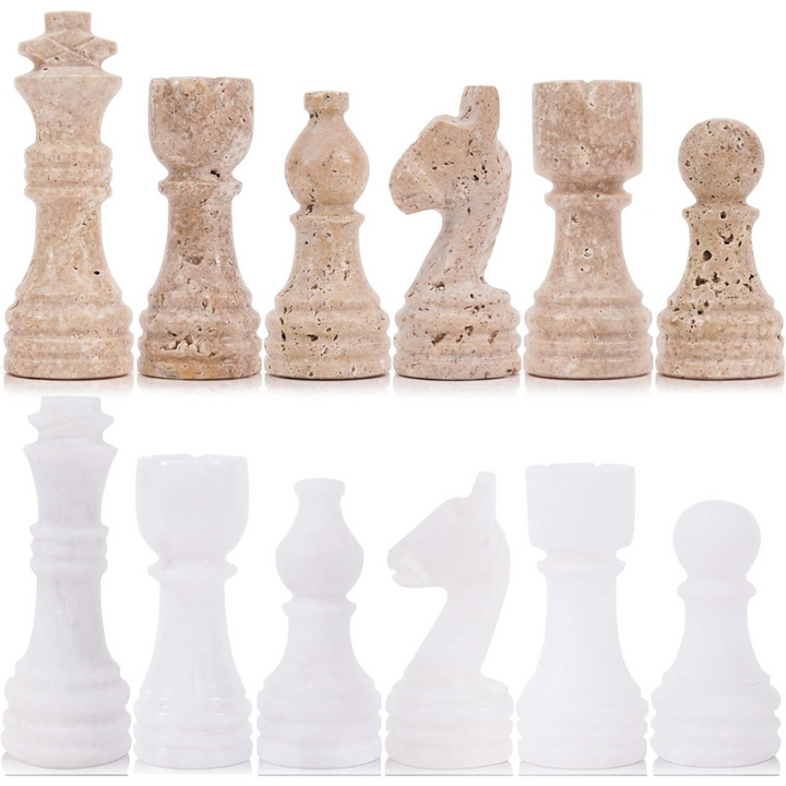 Marble Chess Pieces Travertine and White 3.5 Inch