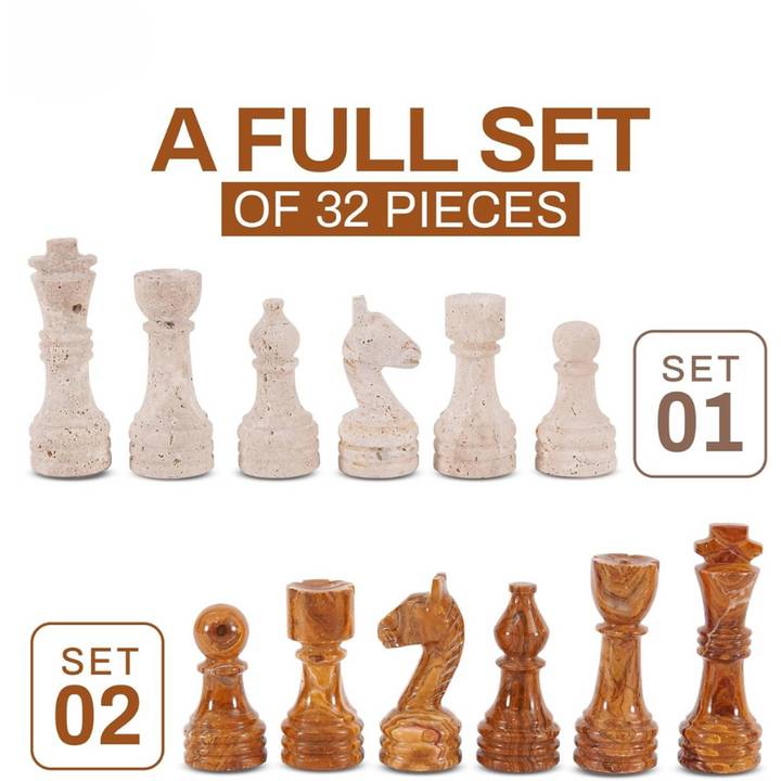 Marble Chess Pieces Travertine and Brown 3.5 Inch