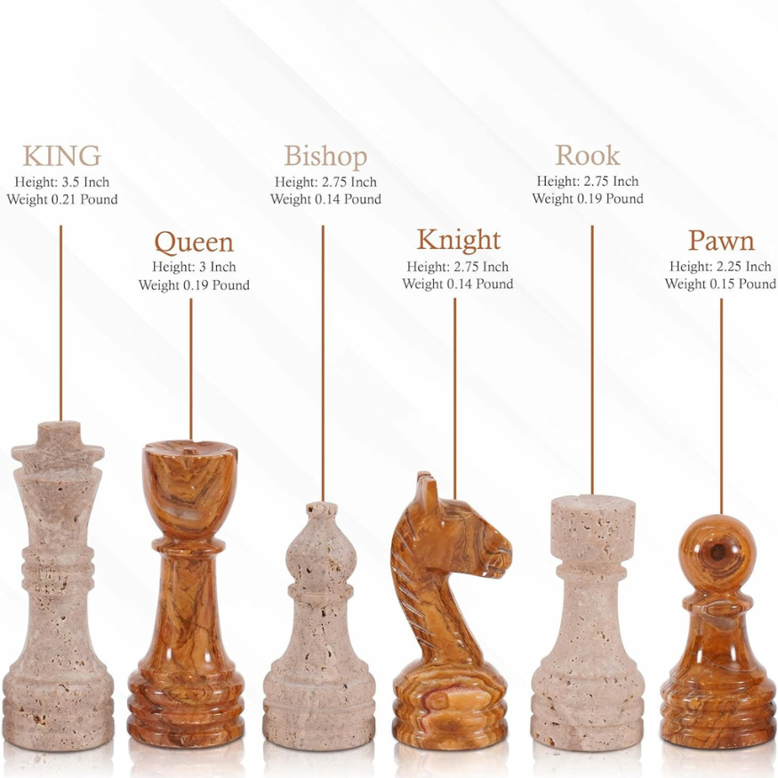 Marble Chess Pieces Travertine and Brown 3.5 Inch