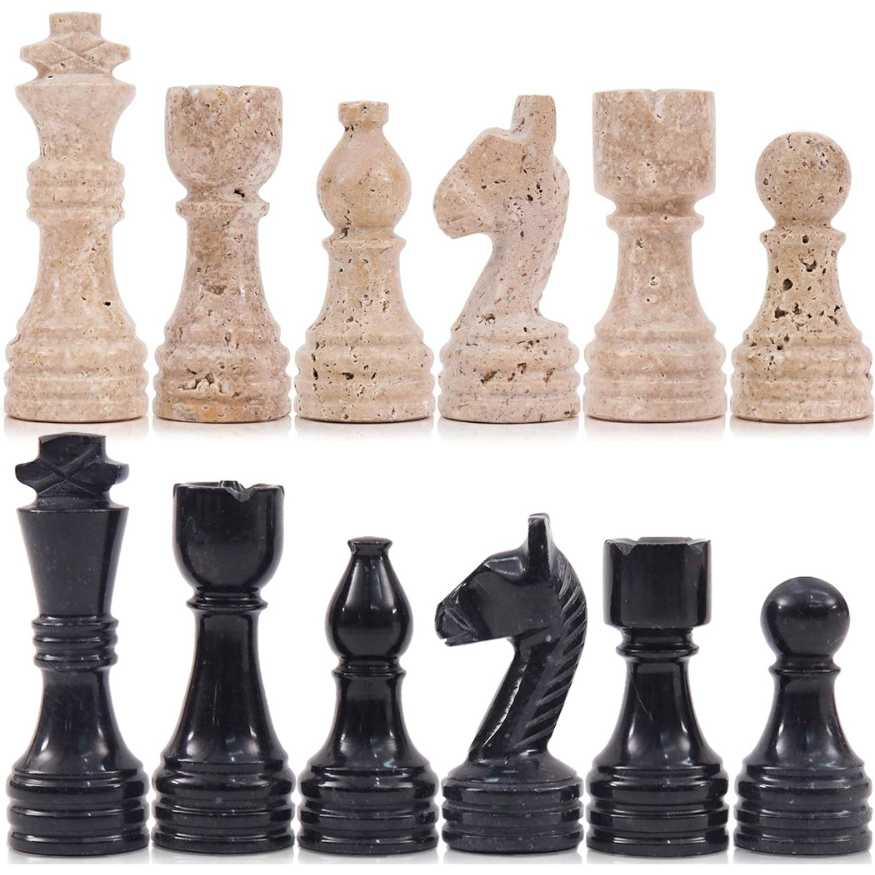 Marble Chess Pieces Travertine and Black 3.5 Inch