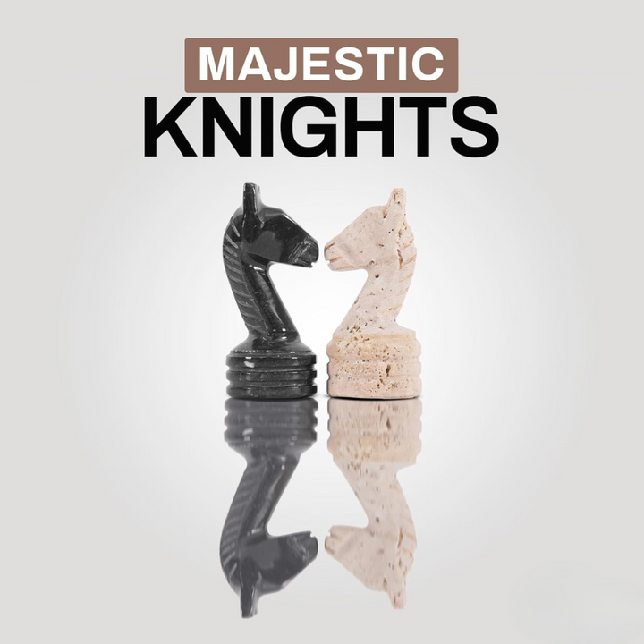 Marble Chess Pieces Travertine and Black 3.5 Inch