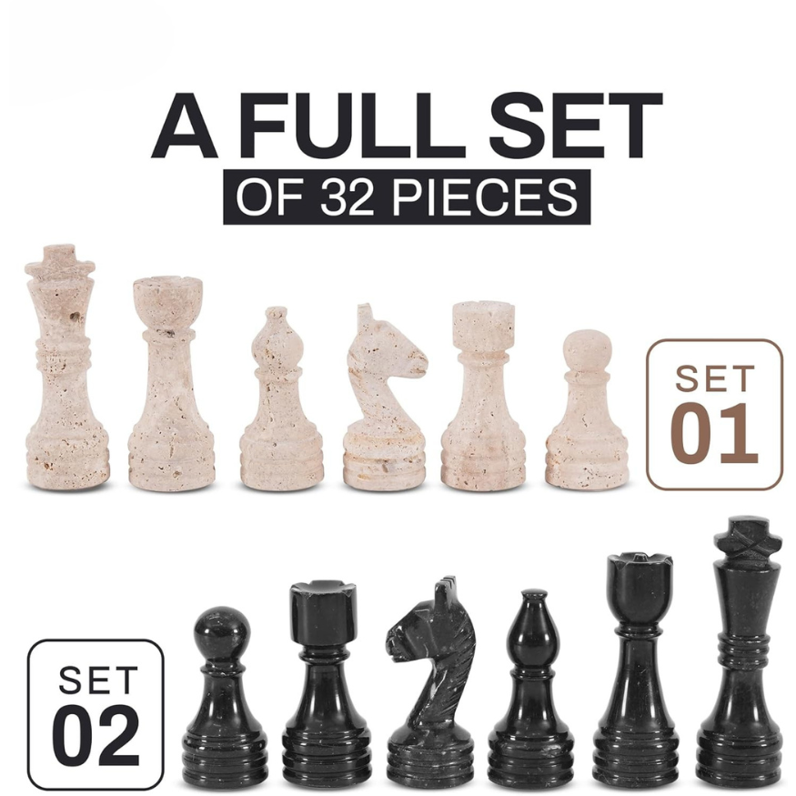 Marble Chess Pieces Travertine and Black 3.5 Inch
