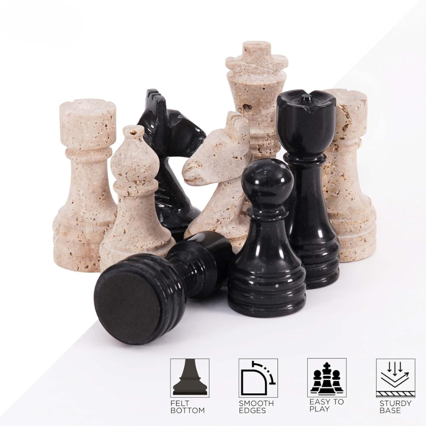 Marble Chess Pieces Travertine and Black 3.5 Inch