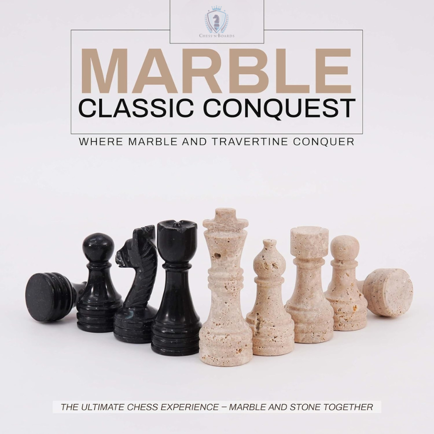Marble Chess Pieces Travertine and Black 3.5 Inch