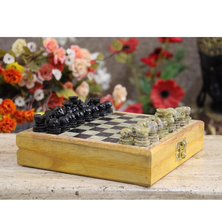 Marble Chess Set: Stone Chess Board with Wooden Base