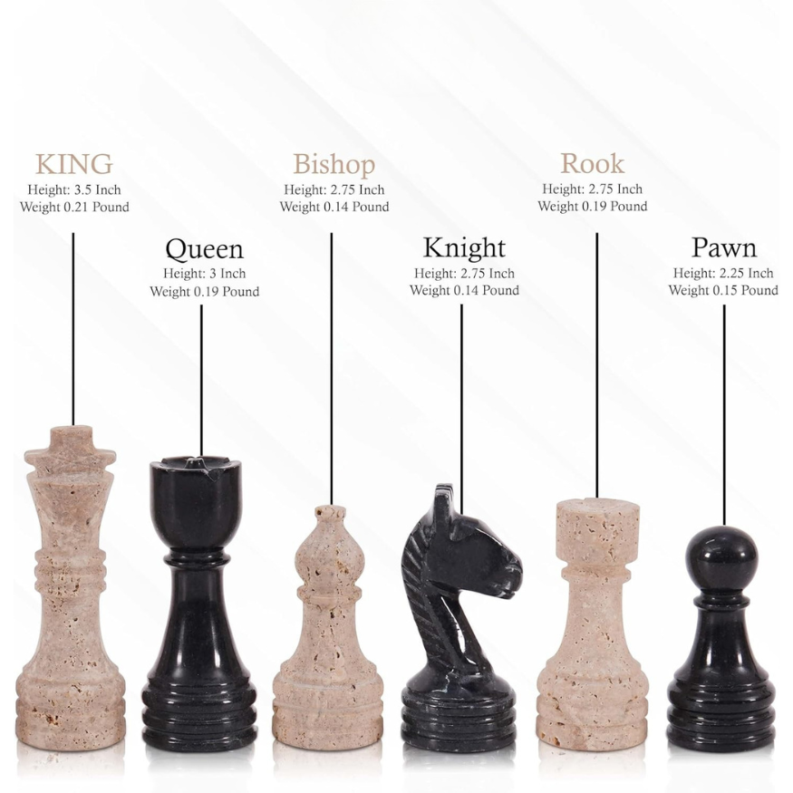 Marble Chess Pieces Travertine and Black 3.5 Inch