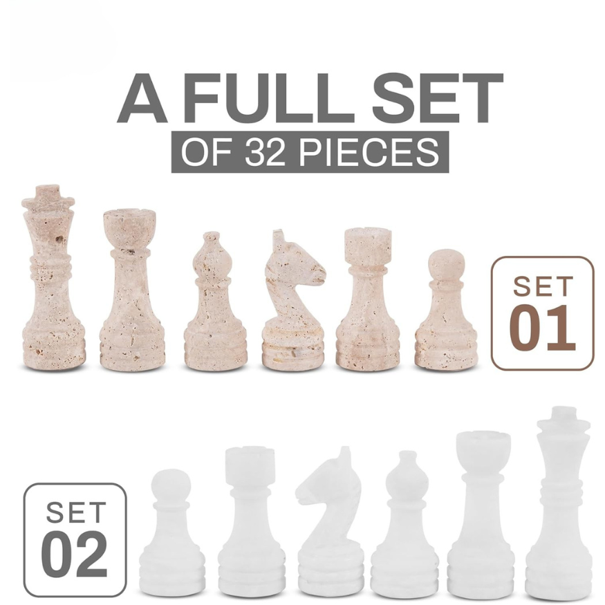 Marble Chess Pieces Travertine and White 3.5 Inch