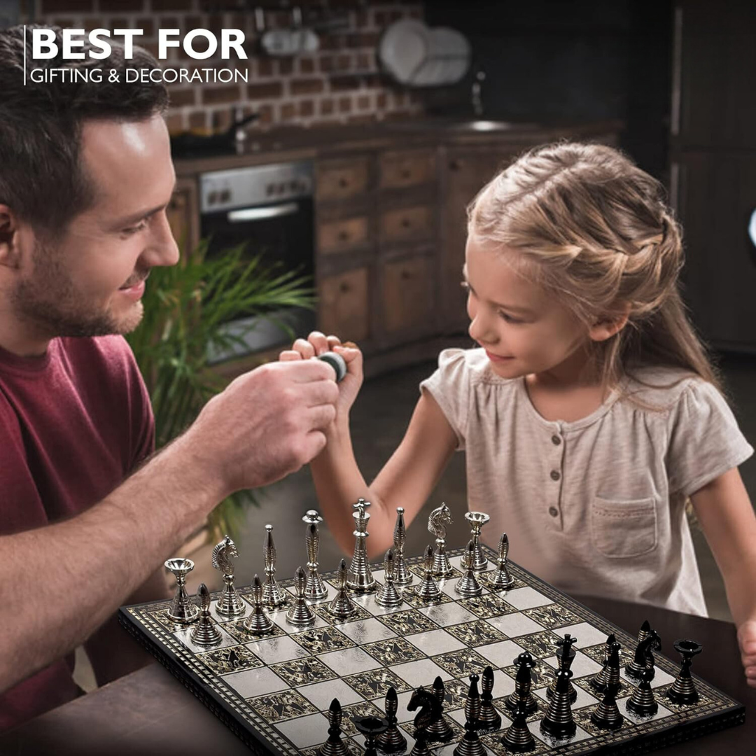 Solid Brass Metal Tribal Artwork Warli Luxury Chess Pieces & Board Set- 12"