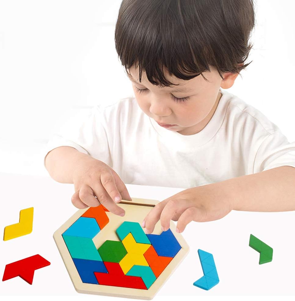 Wooden Hexagon Puzzle for Kids Brain Teaser Blocks Puzzles Games