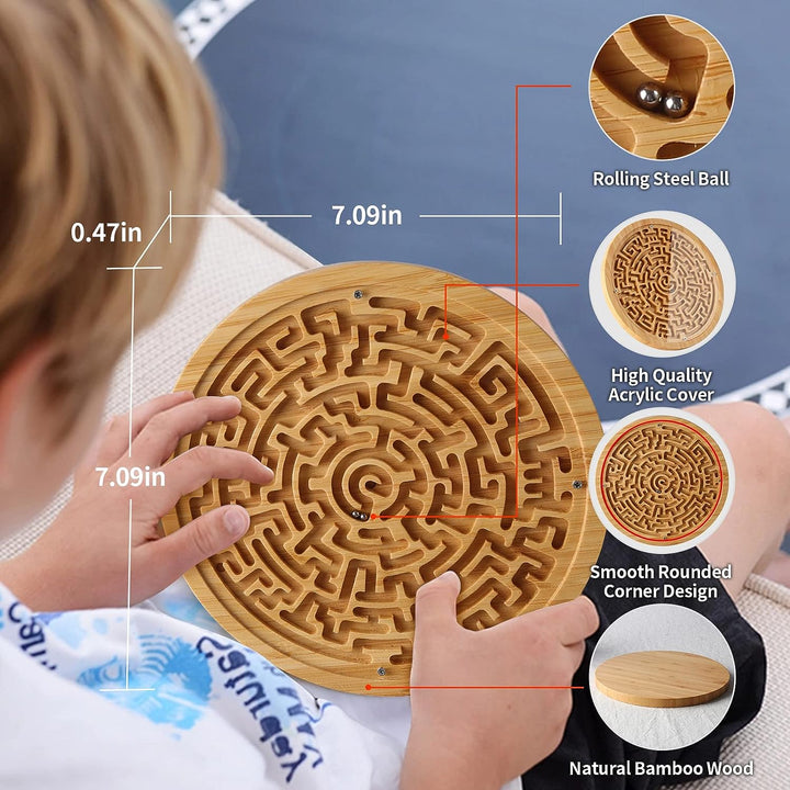 Round Wooden Labyrinth Board Game - Marble Maze