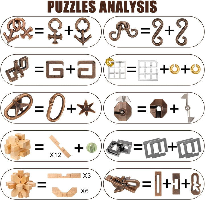 Lock Interlock 10 Pcs Wooden and Metal Brain Teaser Puzzles
