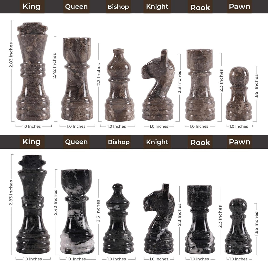 Oceanic & Black Marble Chess Set - 15" Circular Board, 34 Hand-Polished Pieces, Storage Box
