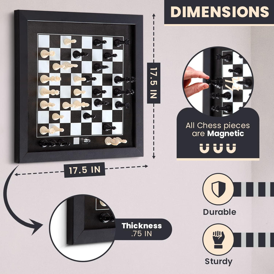 Magnetic Wall Chess Set - Wooden Board with Black & White