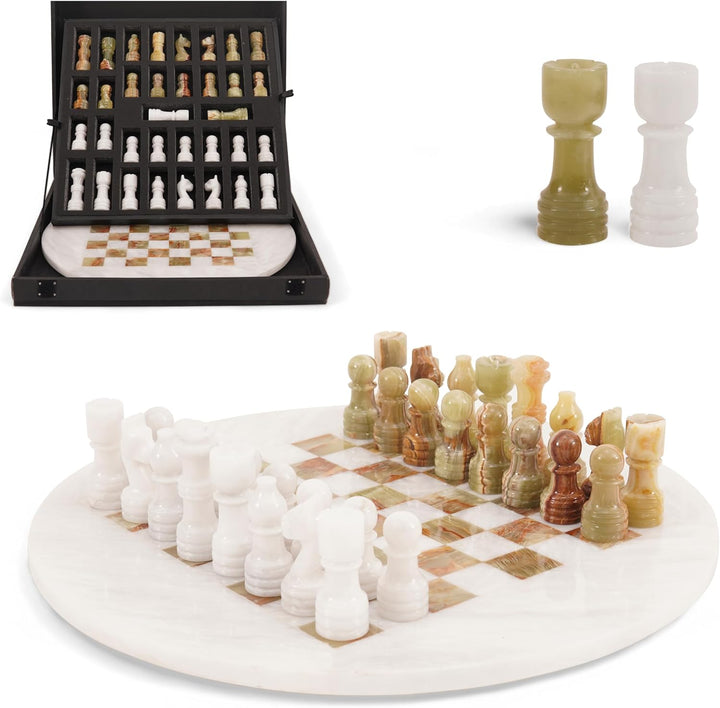 White & Green Marble Chess Set - 15" Circular Board, 34 Hand-Polished Pieces, Storage Box