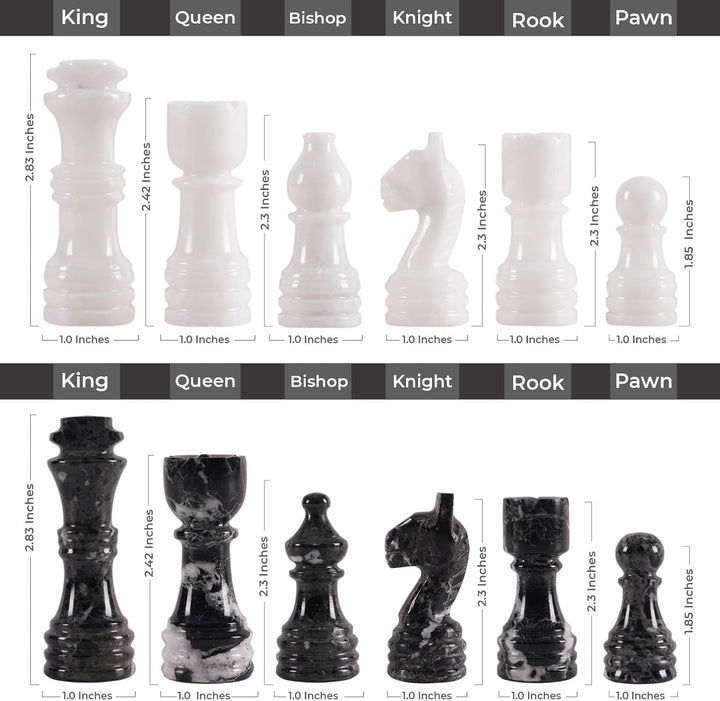White & Black Marble Chess Set - 15" Circular Board, 34 Hand-Polished Pieces, Storage Box