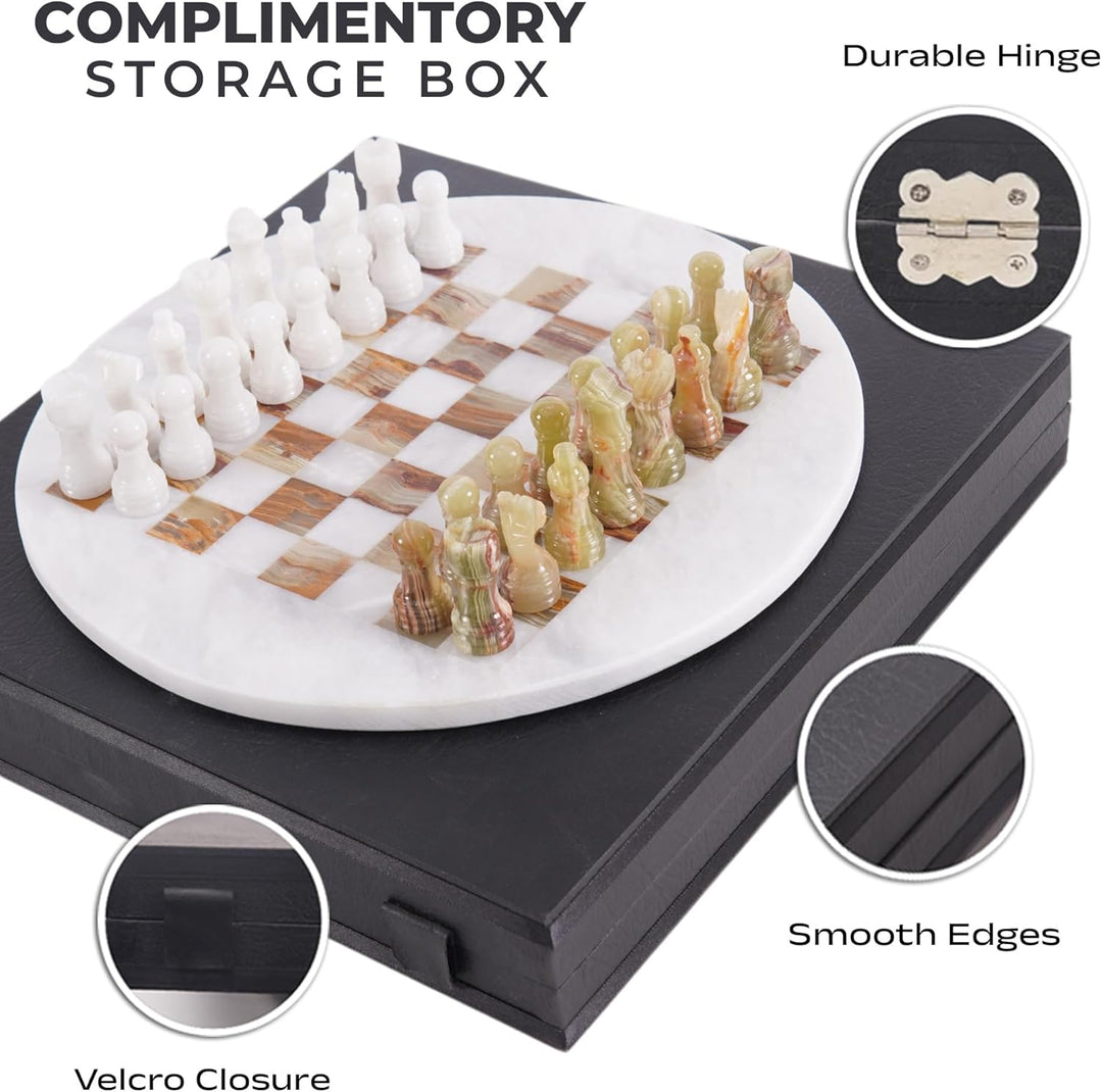 White & Green Marble Chess Set - 15" Circular Board, 34 Hand-Polished Pieces, Storage Box