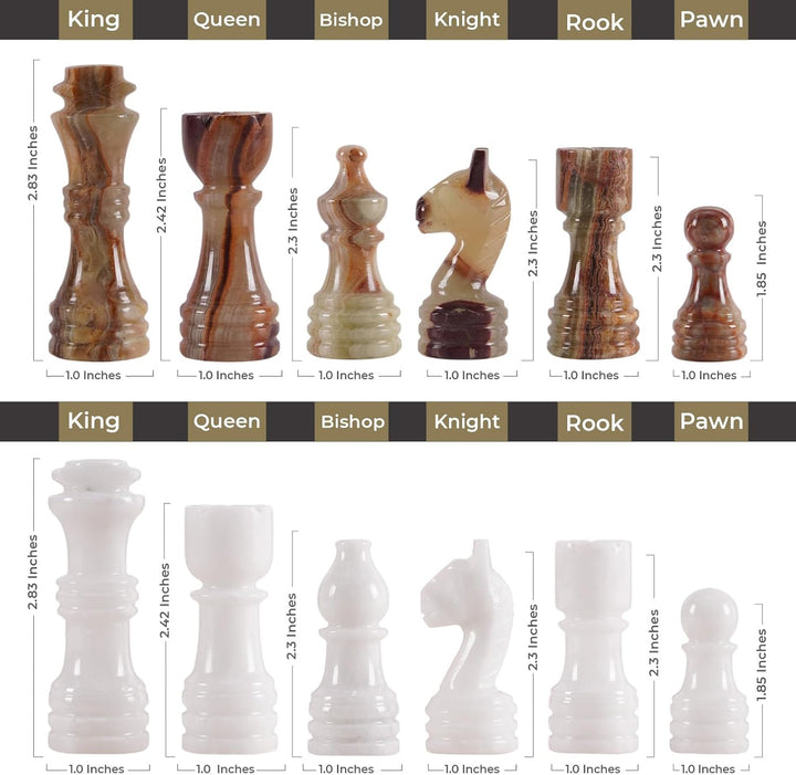White & Green Marble Chess Set - 15" Circular Board, 34 Hand-Polished Pieces, Storage Box