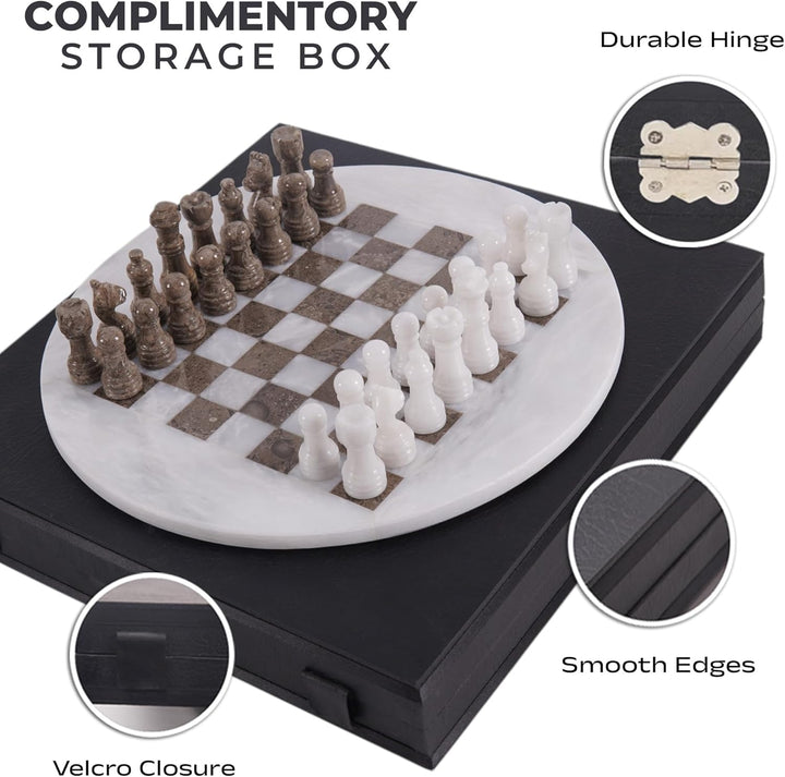 White & Oceanic Marble Chess Set - 15" Circular Board, 34 Hand-Polished Pieces, Storage Box