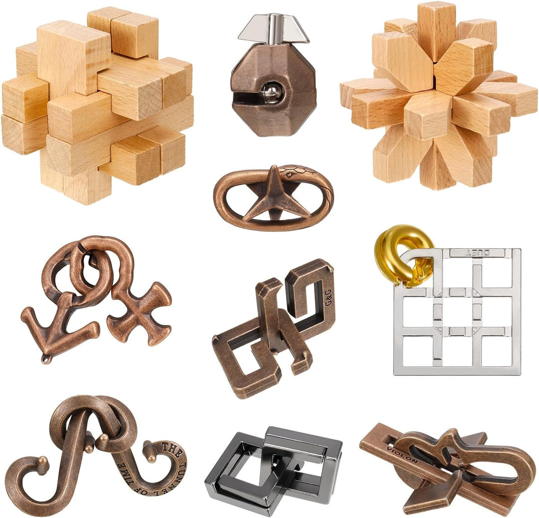 Lock Interlock 10 Pcs Wooden and Metal Brain Teaser Puzzles