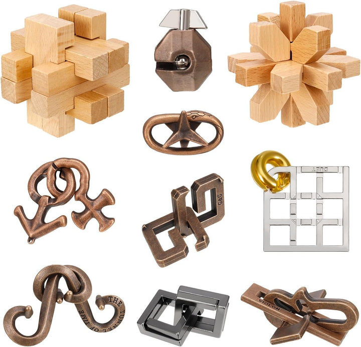 Lock Interlock 10 Pcs Wooden and Metal Brain Teaser Puzzles