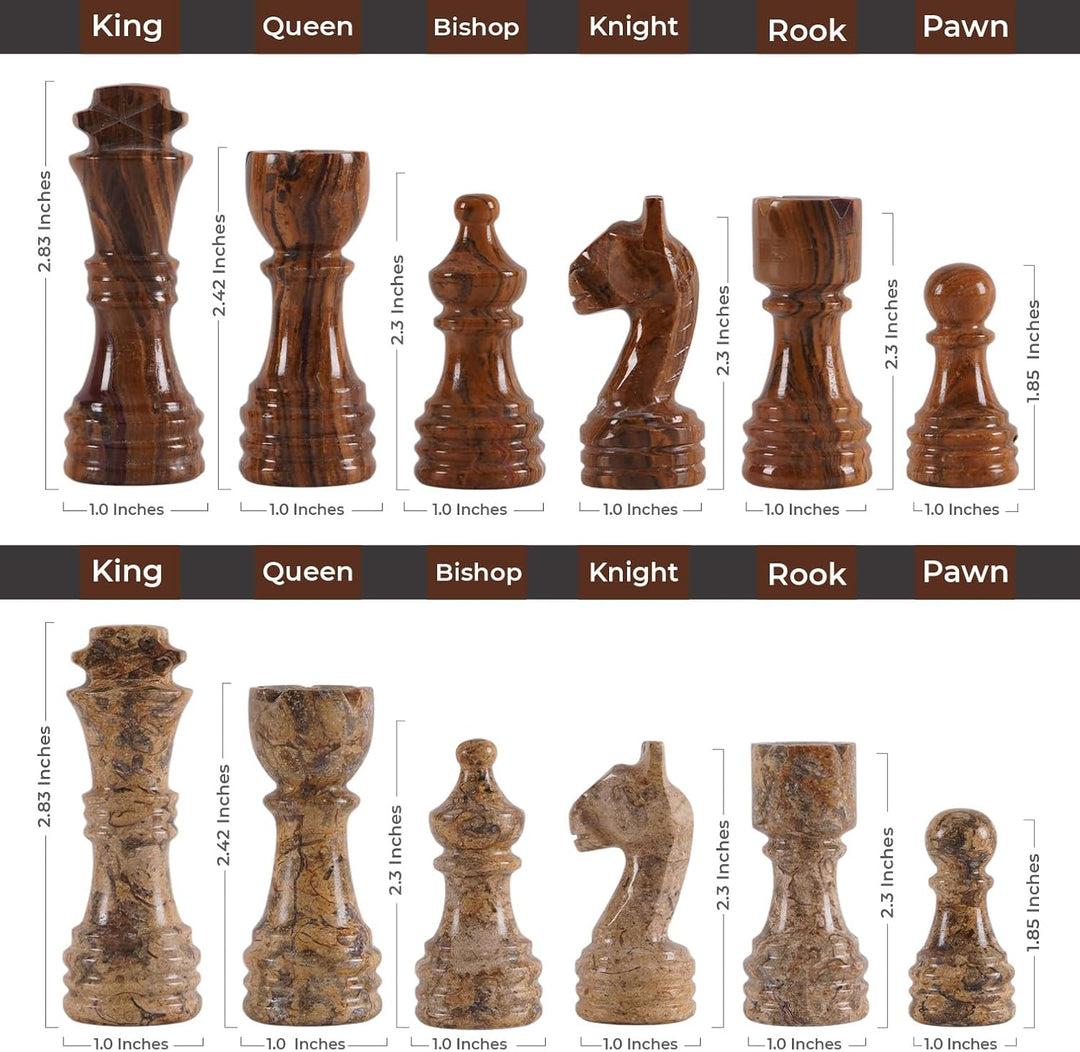 Coral-Red Marble Chess Set - 15" Circular Board, 34 Hand-Polished Pieces, Storage Box