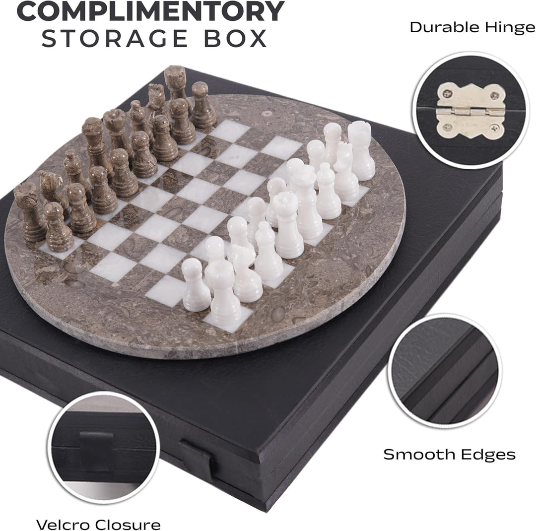 Handmade Marble Chess Set - 15" Circular Board, 34 Hand-Polished Pieces, Storage Box