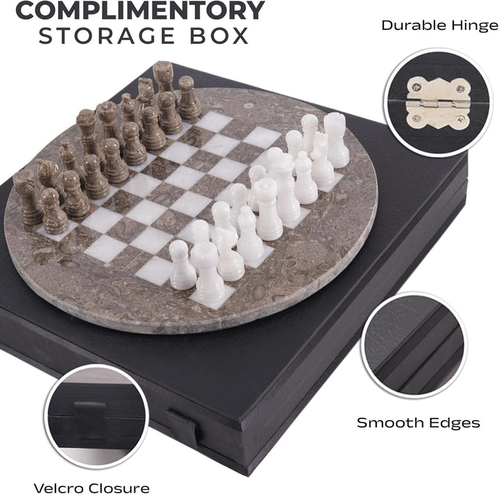 Handmade Marble Chess Set - 15" Circular Board, 34 Hand-Polished Pieces, Storage Box