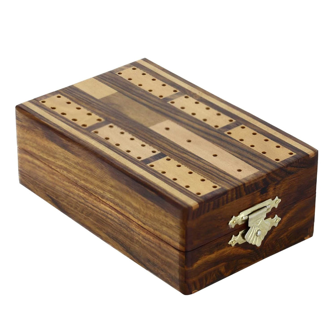 Wooden Game Cribbage Boards and 6 Metal Cribbage Pegs Set with Storage