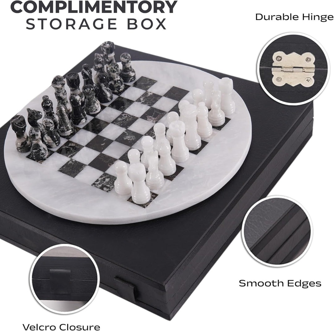 White & Black Marble Chess Set - 15" Circular Board, 34 Hand-Polished Pieces, Storage Box