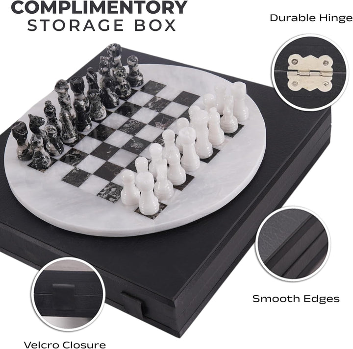 White & Black Marble Chess Set - 15" Circular Board, 34 Hand-Polished Pieces, Storage Box