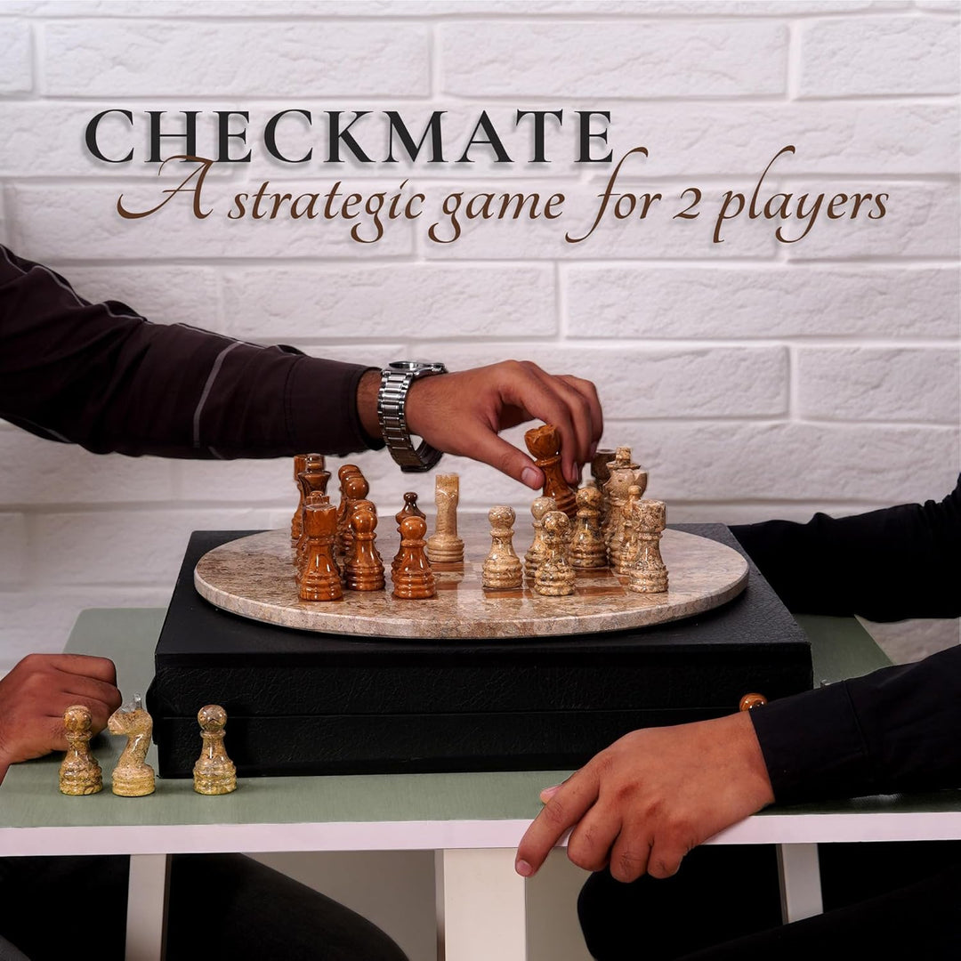 Coral-Red Marble Chess Set - 15" Circular Board, 34 Hand-Polished Pieces, Storage Box