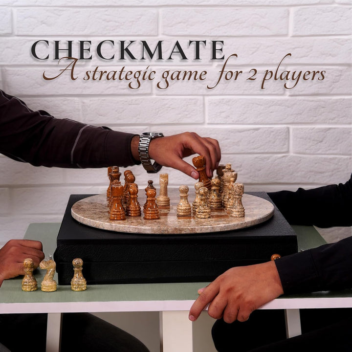 Coral-Red Marble Chess Set - 15" Circular Board, 34 Hand-Polished Pieces, Storage Box