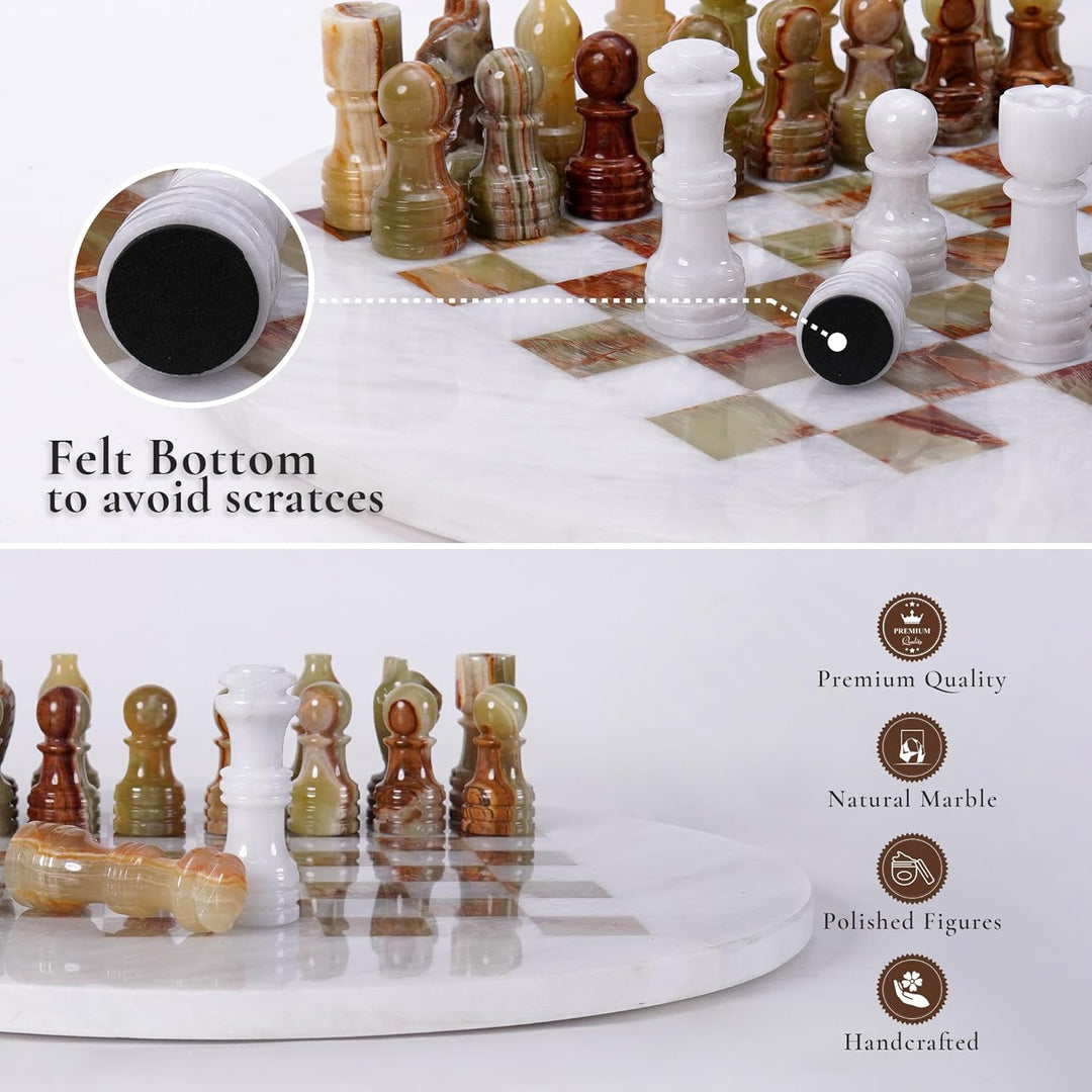 White & Green Marble Chess Set - 15" Circular Board, 34 Hand-Polished Pieces, Storage Box