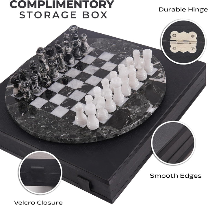 White & Black Marble Chess Set - 15" Circular Board, 34 Hand-Polished Pieces, Storage Box