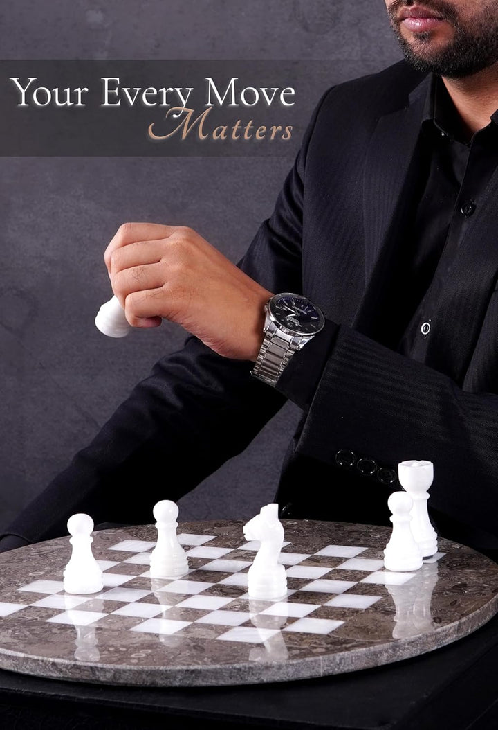 Handmade Marble Chess Set - 15" Circular Board, 34 Hand-Polished Pieces, Storage Box