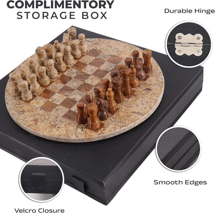 Coral-Red Marble Chess Set - 15" Circular Board, 34 Hand-Polished Pieces, Storage Box