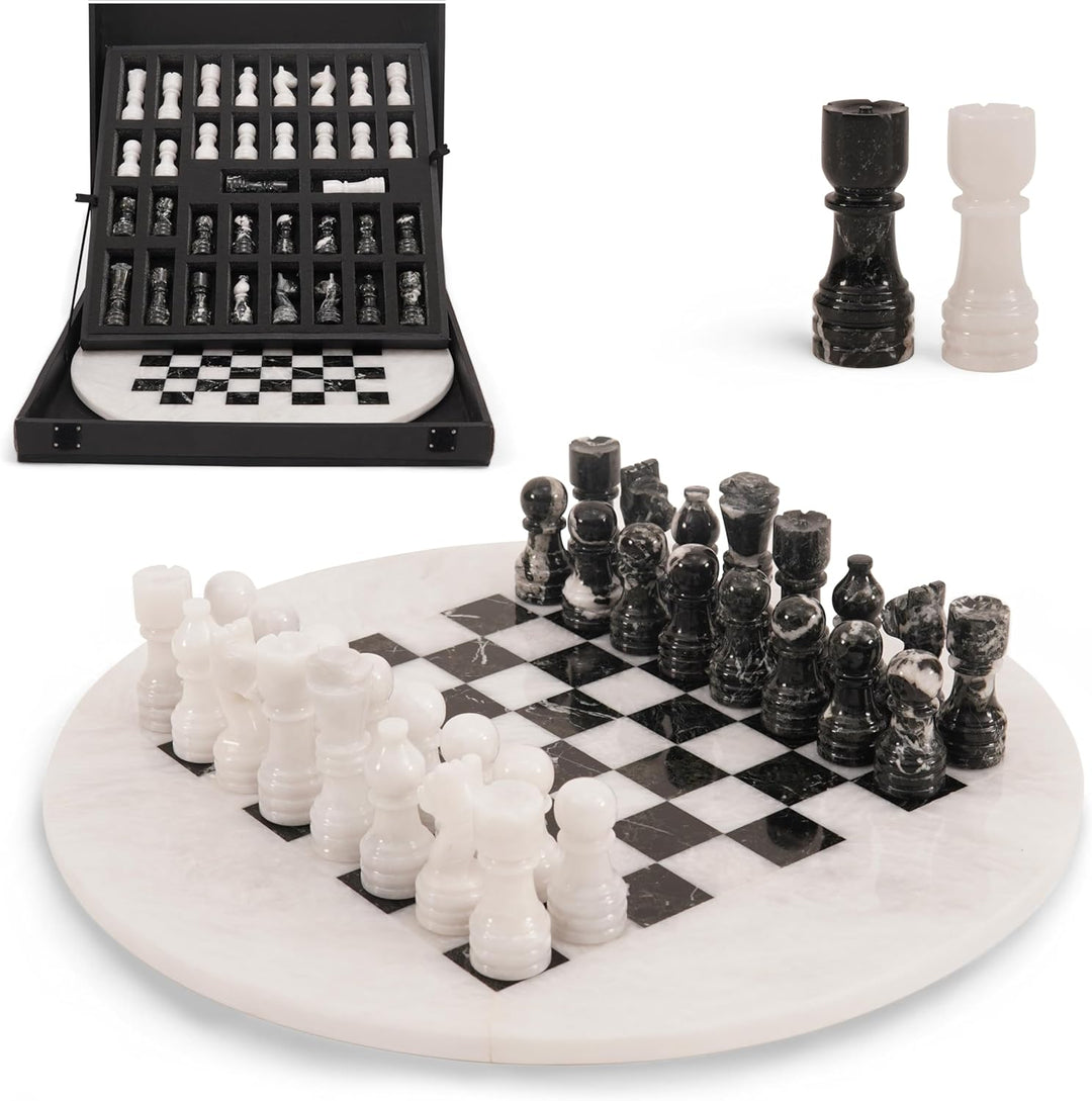White & Black Marble Chess Set - 15" Circular Board, 34 Hand-Polished Pieces, Storage Box