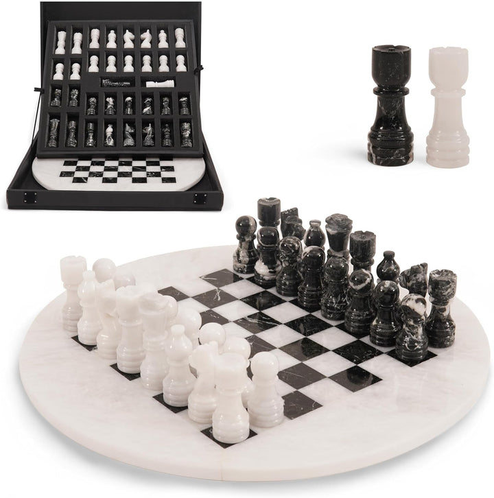 White & Black Marble Chess Set - 15" Circular Board, 34 Hand-Polished Pieces, Storage Box