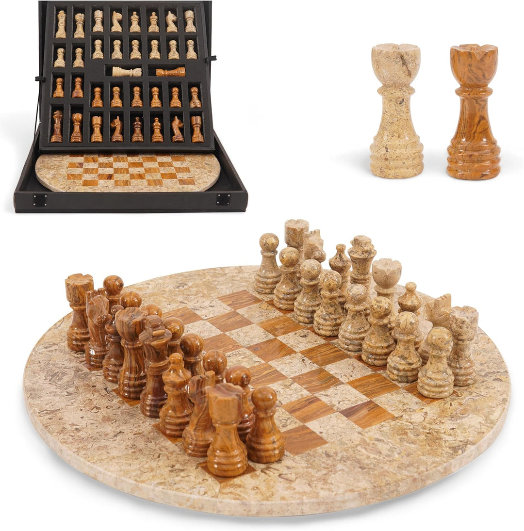 Coral-Red Marble Chess Set - 15" Circular Board, 34 Hand-Polished Pieces, Storage Box