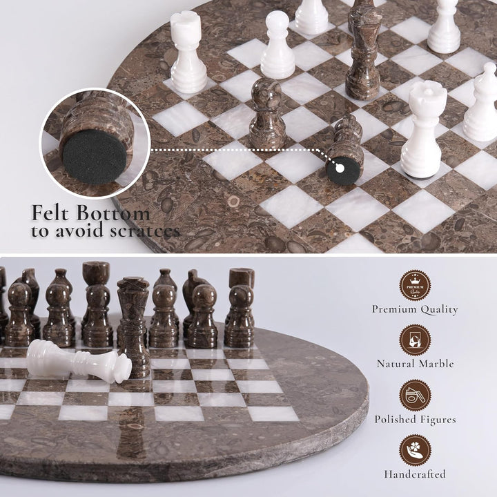 Handmade Marble Chess Set - 15" Circular Board, 34 Hand-Polished Pieces, Storage Box