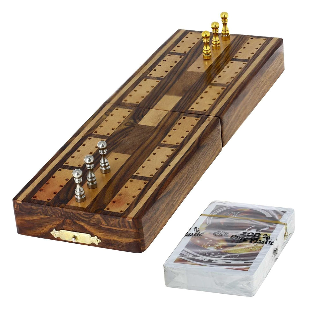 Wooden Game Cribbage Boards and 6 Metal Cribbage Pegs Set with Storage